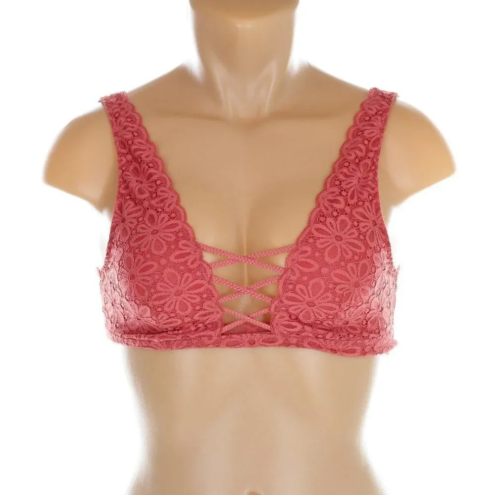 Victoria's Secret Lace-Up Front Floral Lace Bralette in Rose Pink - Size S NWT